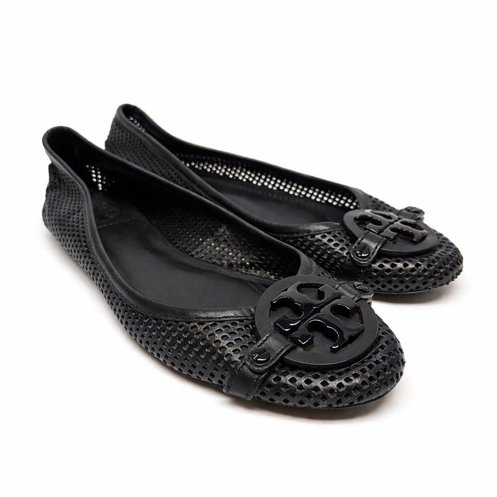Tory‎ Burch Black Perforated Ballet Flats Women’s Size 8M Logo Medallion Slip-On